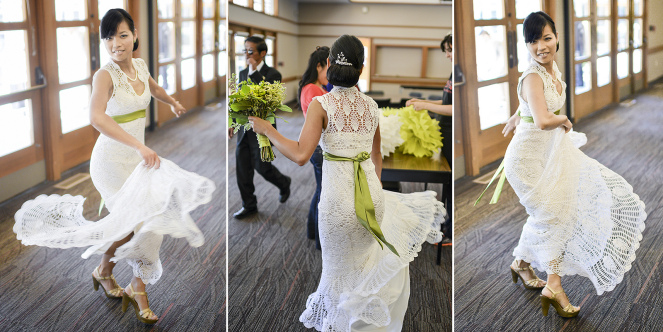 Bailando el día de la boda con su vestido de ganchillo